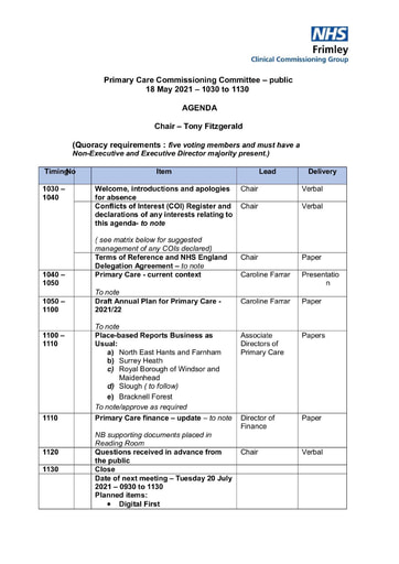 Primary Care Commissioning Committee May 18 2021 Agenda & Pack