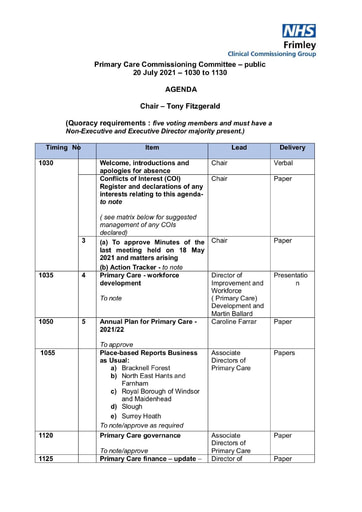 Primary Care Commissioning Committee July 20 2021 Agenda & Pack