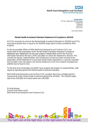 North East Hampshire and Farnham CCG Mental Health Investment Standard Statement of Compliance and audit