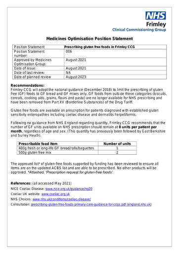 006 MOG Position Statement- Prescribing gluten free foods in NHS Frimley