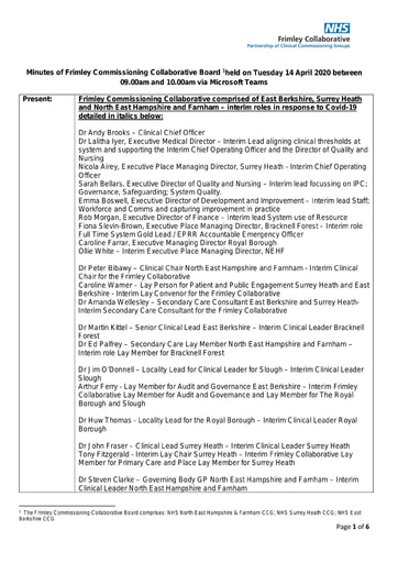 14.04.20 Meeting of Frimley Commissioning Collaborative Board