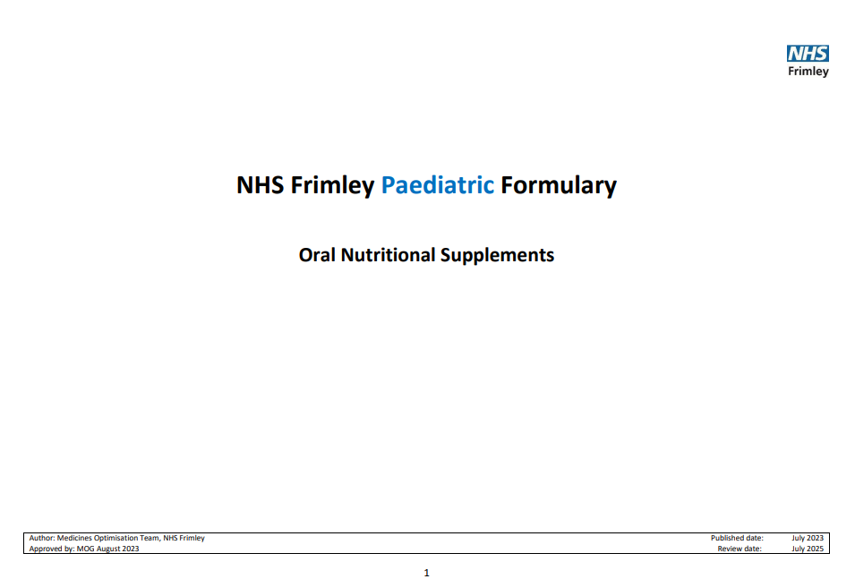 NHS Frimley Paediatric Formulary- oral nutritional supplements (ONS)