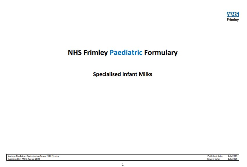 NHS Frimley Paediatric Formulary- specialised infant milks