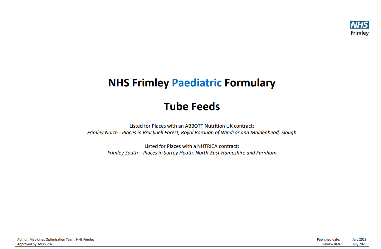 NHS Frimley Paediatric Formulary- tube feeds
